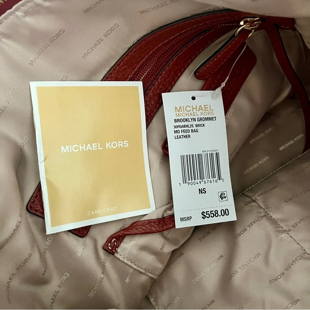 NWT Michael Kors Brown ‘Brooklyn Grommet Leather Feed Bag’ Crossbody in “Brick”